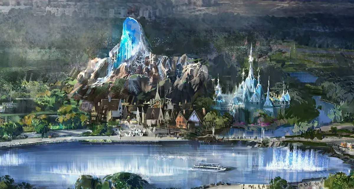 Nuevo lago Adventure Bay en Walt Disney Studios, con espectáculo nocturno de fuentes, drones y efectos especiales, inauguración en 2026.