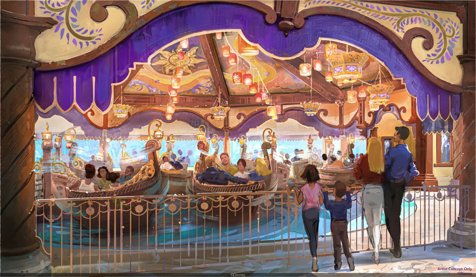 Nueva atracción Raiponce Tangled Spin en Adventure Way, Disneyland Paris, inspirada en la escena de los farolillos de Enredados, apertura en 2026.