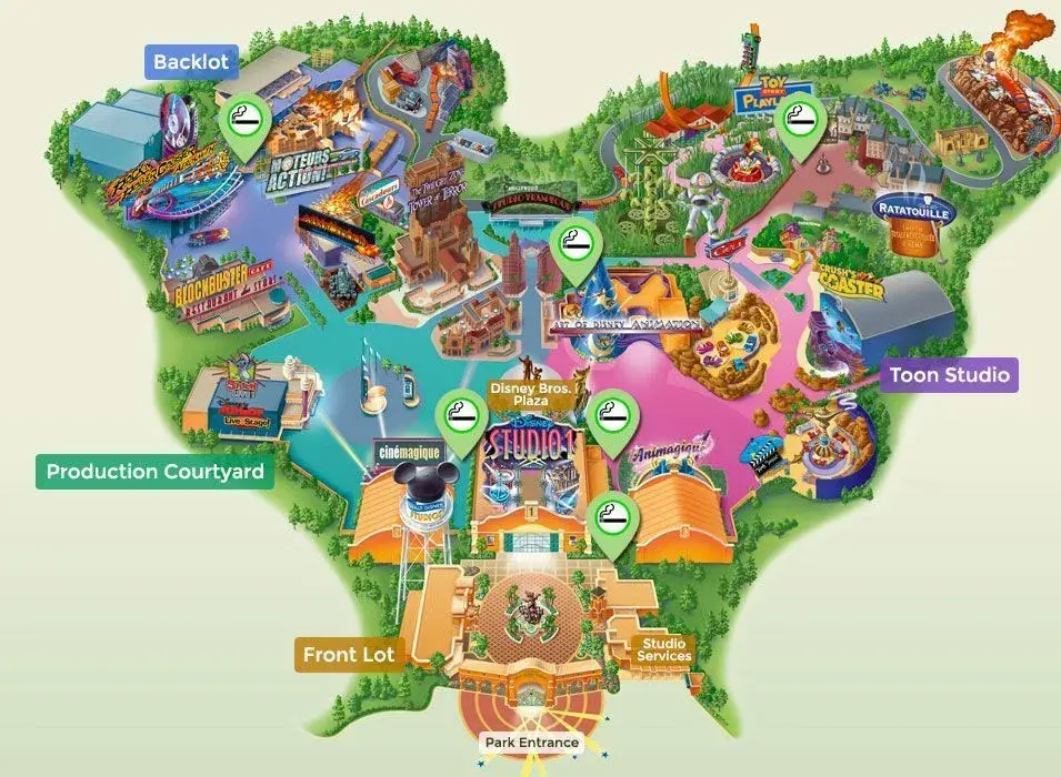 Mapa de zonas para fumadores en Walt Disney Studios, Disneyland París